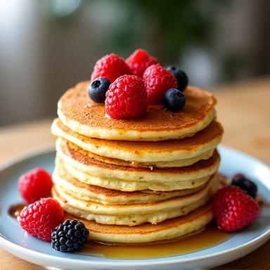 Fluffy pancake stack with fresh fruit for family